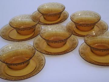 catalog photo of retro amber glassware dishes, glass soup bowls and plates set for 6