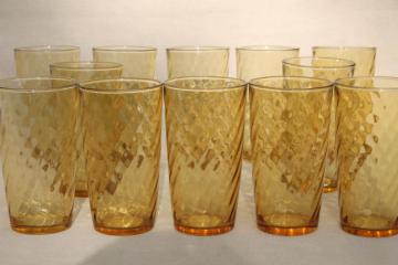 catalog photo of retro amber gold glass tumblers, set of 12 drinking glasses spiral optic pattern