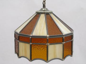 catalog photo of retro amber / slag stained leaded glass hanging light lamp shade