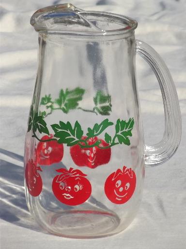 photo of retro anthropomorphic tomato juice pitcher, happy tomatoes kitchen glass  #1