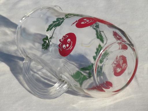 photo of retro anthropomorphic tomato juice pitcher, happy tomatoes kitchen glass  #3