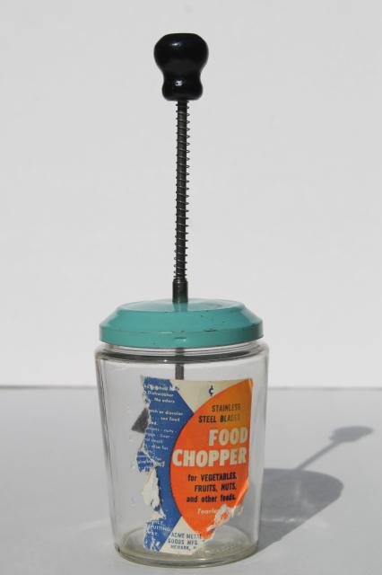 photo of retro aqua turquoise chopper jar, 1950s vintage hand powered food chopper w/ label #1