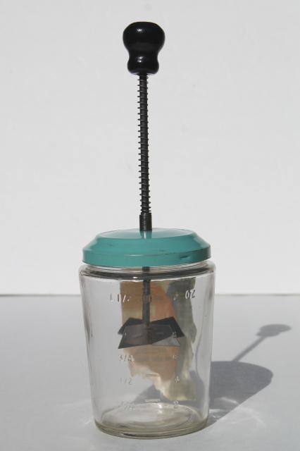 photo of retro aqua turquoise chopper jar, 1950s vintage hand powered food chopper w/ label #2