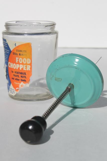 photo of retro aqua turquoise chopper jar, 1950s vintage hand powered food chopper w/ label #3