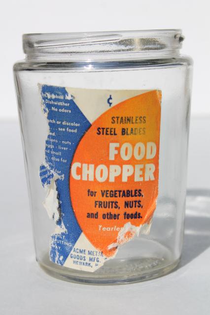 photo of retro aqua turquoise chopper jar, 1950s vintage hand powered food chopper w/ label #4