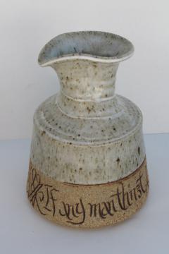 catalog photo of retro artisan handcrafted pottery wine carafe If Any Man Thirst script motto