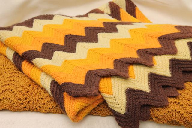 photo of retro autumn colors knit lace & crochet chevrons afghans, vintage throw blankets for fall #1