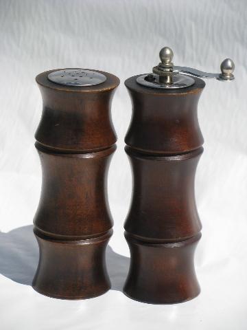 photo of retro bamboo carved wood S&P, pepper mill grinder, tall salt shaker #1