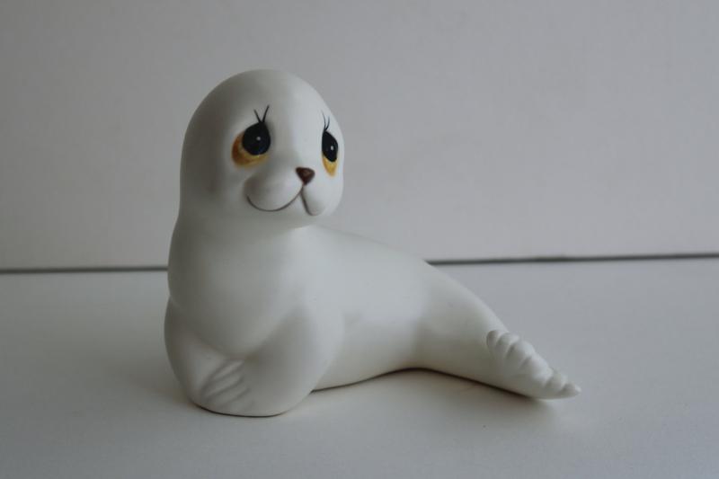 photo of retro big eyed baby seal pup, hand painted ceramic figurine 80s 90s vintage #1