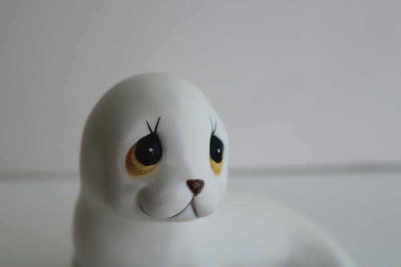 photo of retro big eyed baby seal pup, hand painted ceramic figurine 80s 90s vintage #2