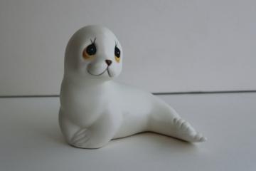 retro big eyed baby seal pup, hand painted ceramic figurine 80s 90s vintage