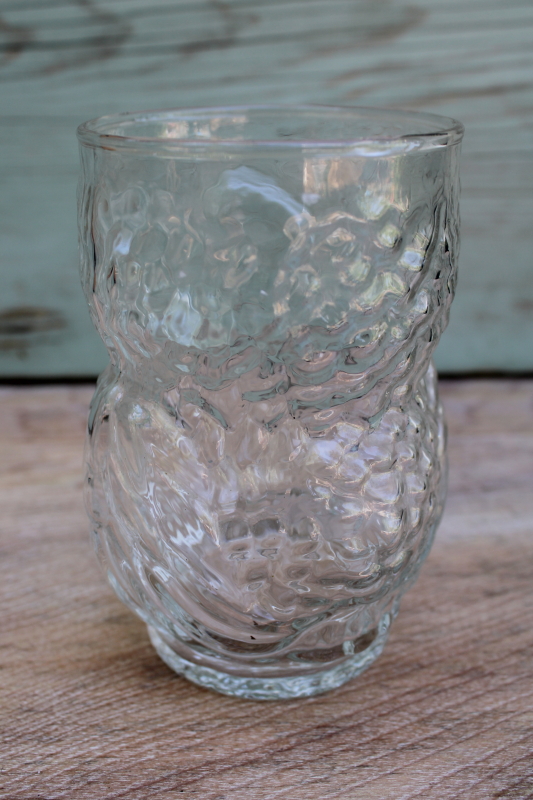 photo of retro big eyed sad owl figural jar or drinking glass, pressed glass tumbler #3