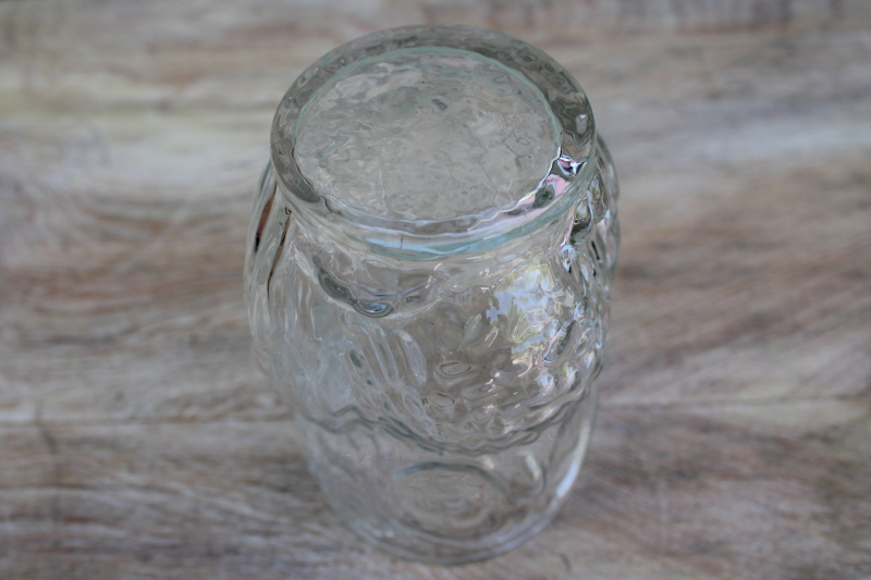 photo of retro big eyed sad owl figural jar or drinking glass, pressed glass tumbler #4