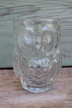 catalog photo of retro big eyed sad owl figural jar or drinking glass, pressed glass tumbler