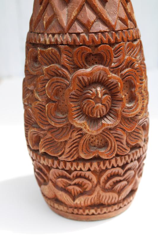photo of retro bohemian vintage carved sheesham wood candle holder from India, big bowling pin shape #5