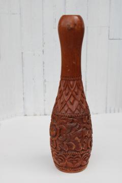 catalog photo of retro bohemian vintage carved sheesham wood candle holder from India, big bowling pin shape