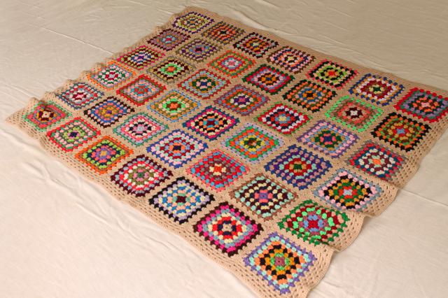 photo of retro bright colors scrap yarn granny squares afghan / throw blanket, 70s vintage #2