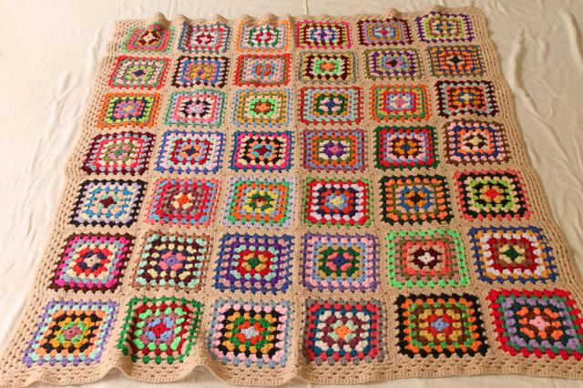 photo of retro bright colors scrap yarn granny squares afghan / throw blanket, 70s vintage #3