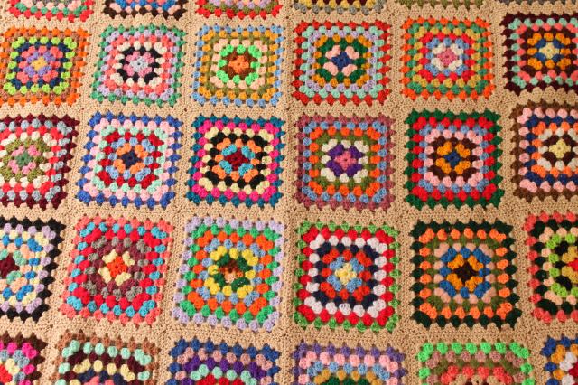 photo of retro bright colors scrap yarn granny squares afghan / throw blanket, 70s vintage #4