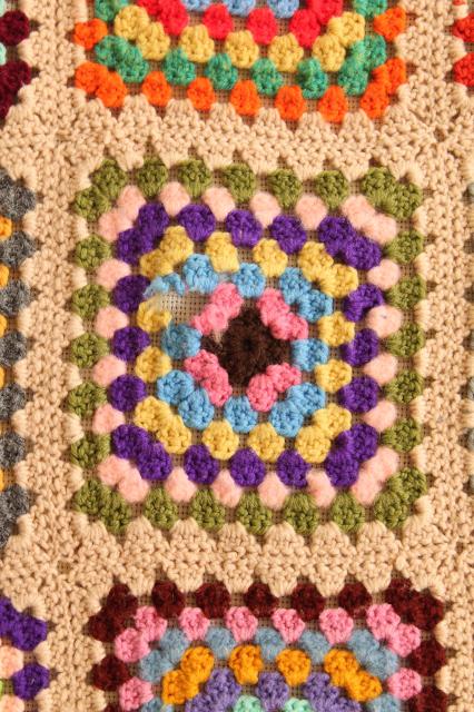 photo of retro bright colors scrap yarn granny squares afghan / throw blanket, 70s vintage #5