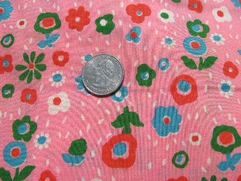 photo of retro bright flower power print on pink, 60s vintage cotton fabric #1