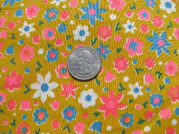 catalog photo of retro bright flower power print on yellow, 60s vintage cotton fabric