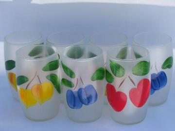 catalog photo of retro bright fruit, vintage hand-painted glasses, frosted glass tumblers lot