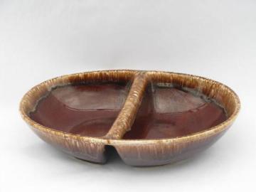 catalog photo of retro brown drip stoneware pottery, vintage Kathy Kale divided serving bowl