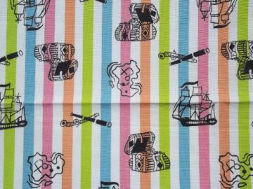 catalog photo of retro candy stripe fabric w/ print pirate theme, treasure chests etc.