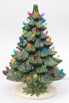 catalog photo of retro ceramic Christmas tree, lighted electric tabletop tree lamp w/ tiny plastic lights