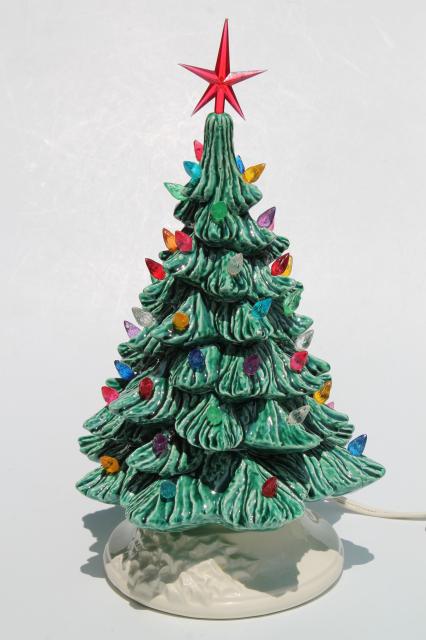 photo of retro ceramic Christmas tree, lighted electric tabletop tree lamp w/ tiny plastic lights #1