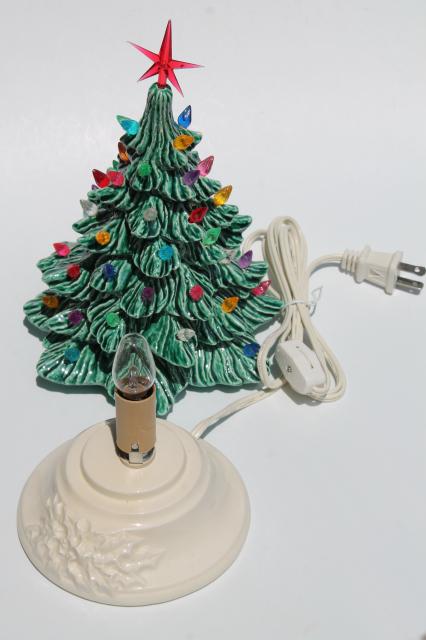 photo of retro ceramic Christmas tree, lighted electric tabletop tree lamp w/ tiny plastic lights #2
