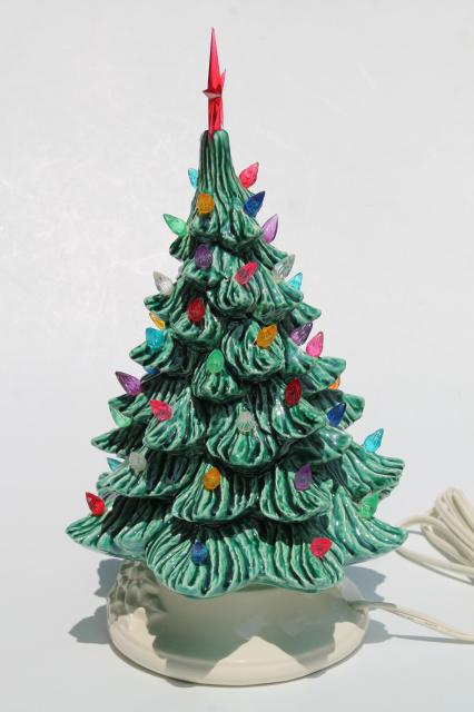 photo of retro ceramic Christmas tree, lighted electric tabletop tree lamp w/ tiny plastic lights #4