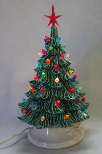 photo of retro ceramic Christmas tree, lighted electric tabletop tree lamp w/ tiny plastic lights #5