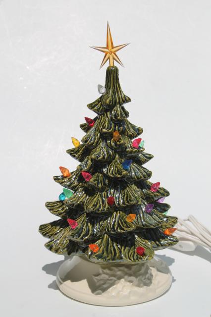 photo of retro ceramic Christmas tree, lighted electric tabletop tree lamp w/ tiny plastic lights #1