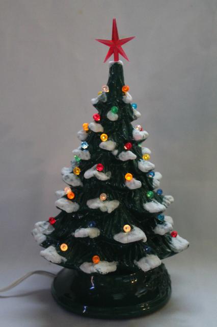 photo of retro ceramic Christmas tree, lighted electric tabletop tree lamp w/ tiny plastic lights #2
