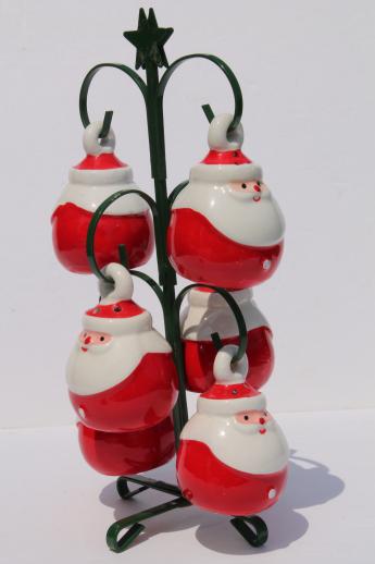 photo of retro ceramic holiday spice set, Christmas Santa shakers hanging ornaments on rack #2