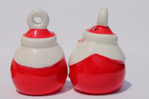 photo of retro ceramic holiday spice set, Christmas Santa shakers hanging ornaments on rack #5