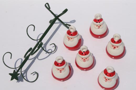 photo of retro ceramic holiday spice set, Christmas Santa shakers hanging ornaments on rack #8