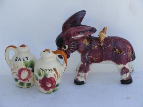 photo of retro ceramic pack donkey w/ salt & pepper shaker sacks, handpainted Japan #2