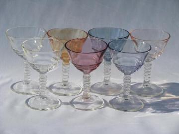 catalog photo of retro colored luster wine glasses, assorted colors, clear stem stemware