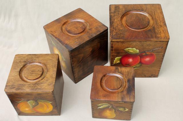 photo of retro country kitchen wood box canisters w/ hand-painted fruit, tole paint canister set #2