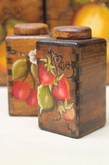 photo of retro country kitchen wood box canisters w/ hand-painted fruit, tole paint canister set #8