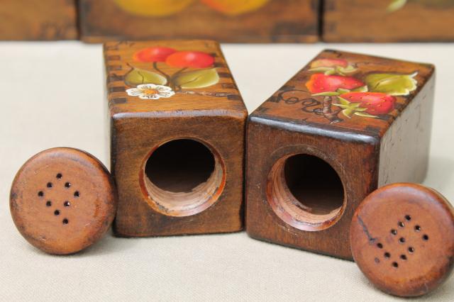 photo of retro country kitchen wood box canisters w/ hand-painted fruit, tole paint canister set #9