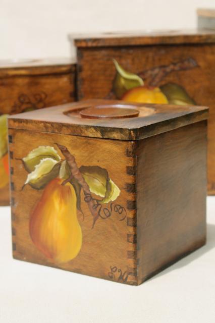 photo of retro country kitchen wood box canisters w/ hand-painted fruit, tole paint canister set #11