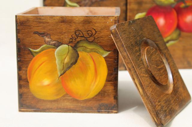 photo of retro country kitchen wood box canisters w/ hand-painted fruit, tole paint canister set #12