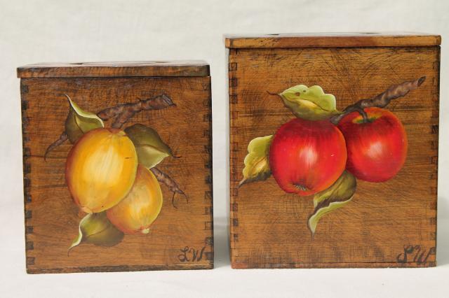 photo of retro country kitchen wood box canisters w/ hand-painted fruit, tole paint canister set #13