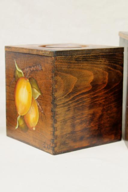 photo of retro country kitchen wood box canisters w/ hand-painted fruit, tole paint canister set #14