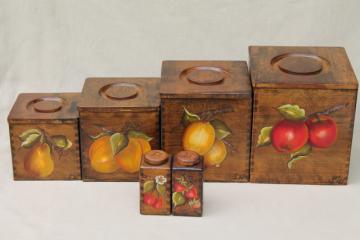 catalog photo of retro country kitchen wood box canisters w/ hand-painted fruit, tole paint canister set