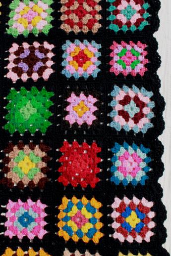 photo of retro crochet granny square afghan blanket, kaleidoscope of colors on black #3